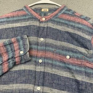 Hollister Shirt Mens Large‎ Blue Teal Stripe Linen Blend Band Collar Long Sleeve